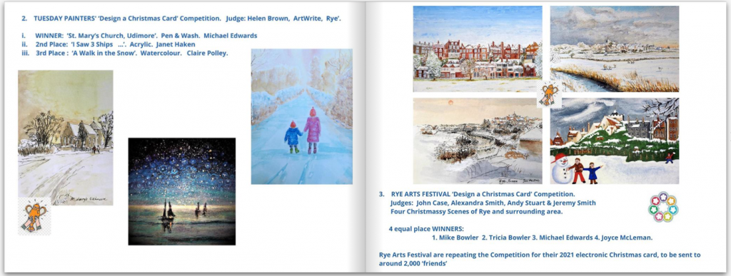 Image shows double page spread of the Diamond anniversary photobook, with a range of paintings done for the Rye Arts Festival 'Design a Christmas Card' Competion